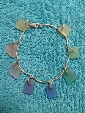 Green Blue Pink Sea Glass Bracelet With Silver Long Beads
